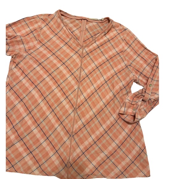 Soft Surroundings Tops - Soft Surroundings 2X Pink Peach Vneck tunic cotton plaid Lagen beach cottage top